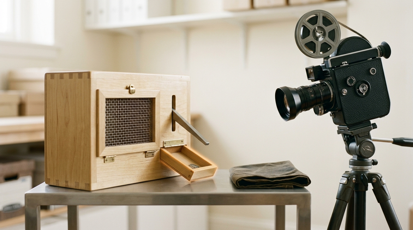 A two-lever wooden puzzle box on a steel test stand with a 16mm film camera aimed at it, one lever caught mid-press and a small reward tray only partway open