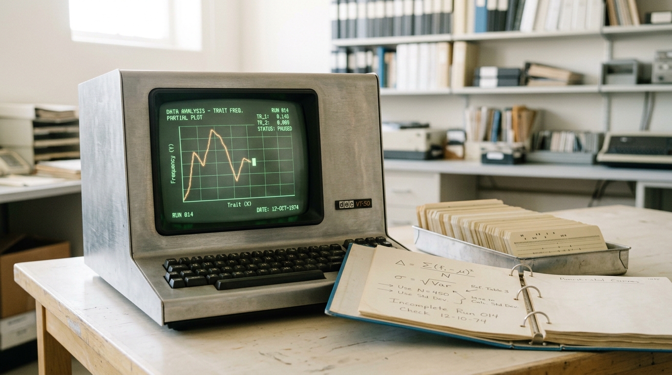 A green-phosphor computer terminal displaying a faint plotted lattice, its cursor caught mid-line, beside an open ring binder of handwritten equations