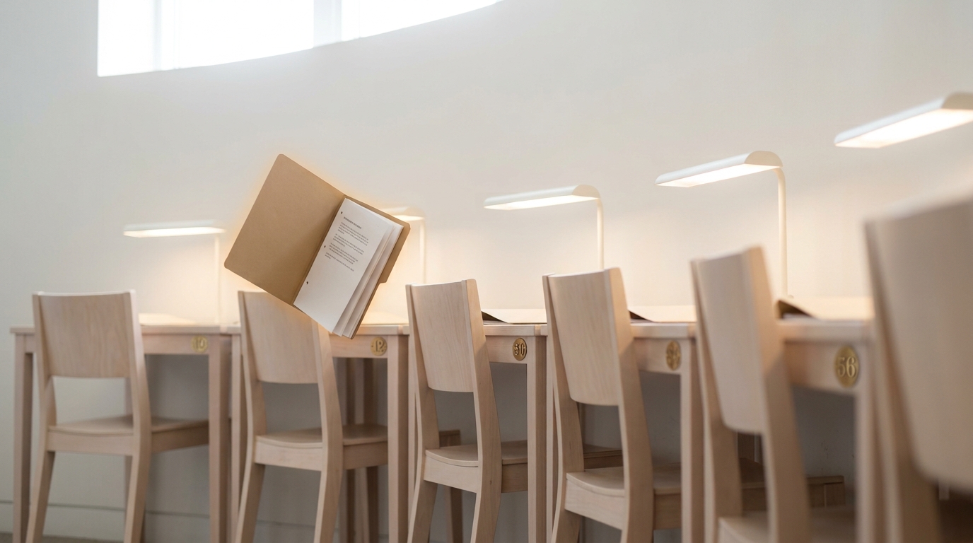 A curved line of numbered observation stations with pale chairs and small writing tables, a folder of instructions caught mid-pass between the second and third station with no one seated
