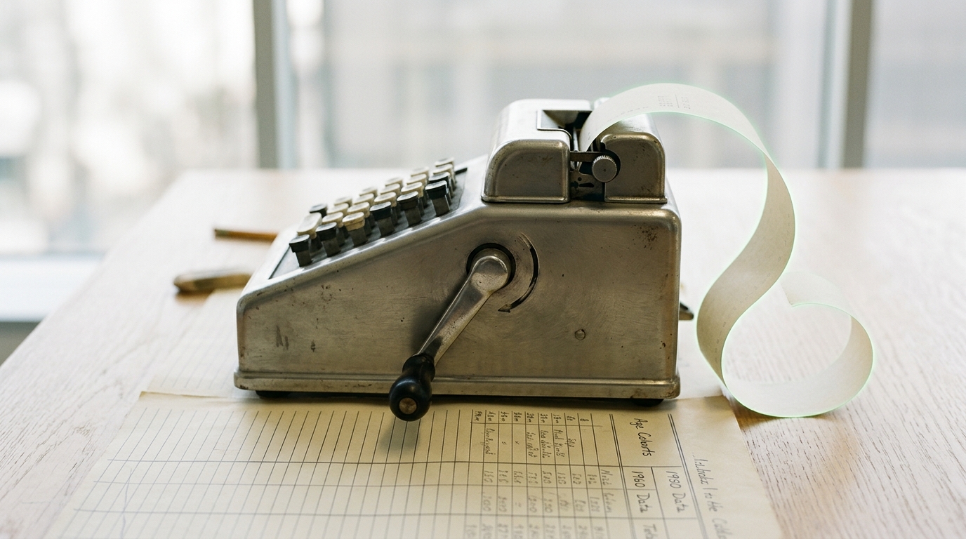 A mechanical adding machine mid-crank on a desk covered with population projection worksheets.