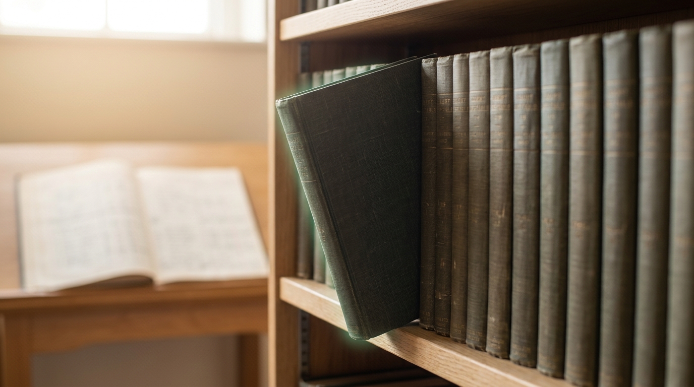 A wall of bound cohort life tables with one volume pulled halfway from its shelf slot.