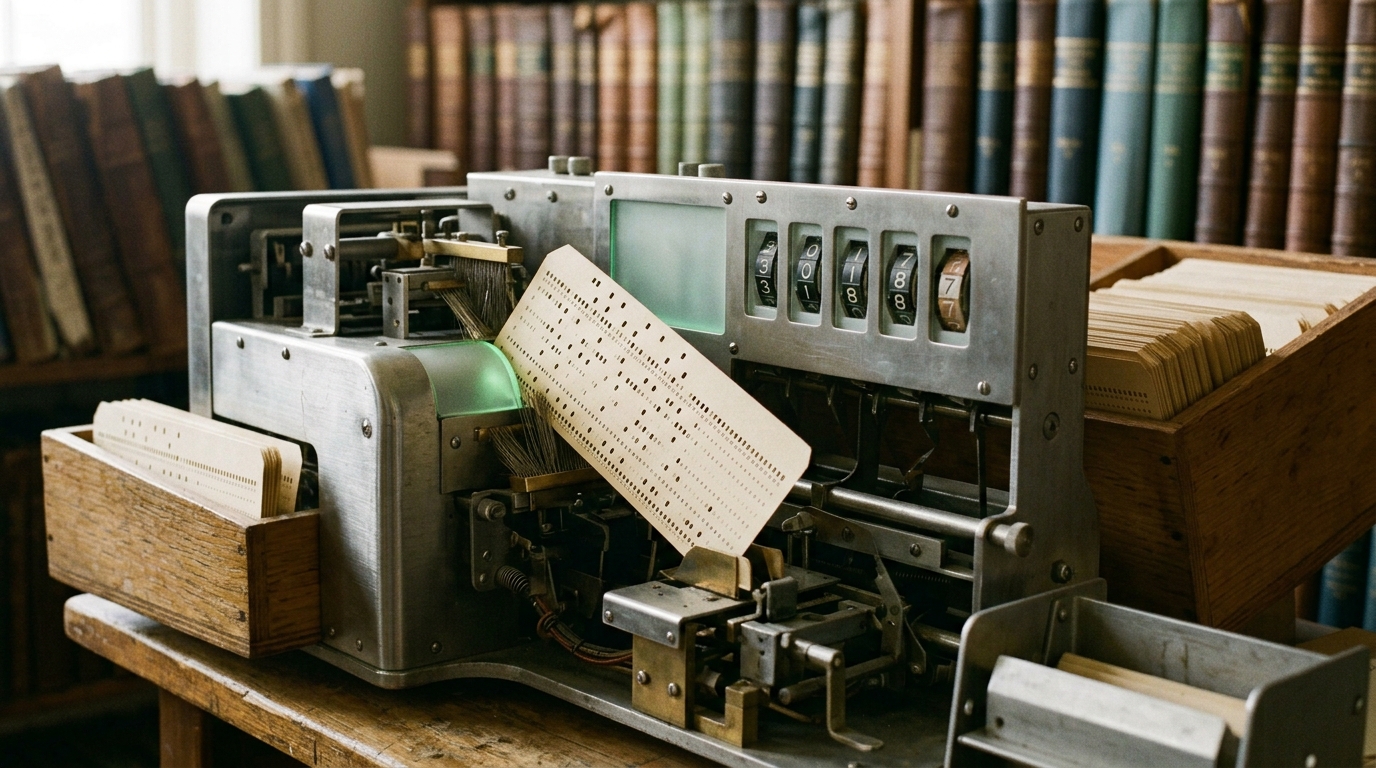 A punch-card population tabulator mid-run in a bright archive room, one card still being read.