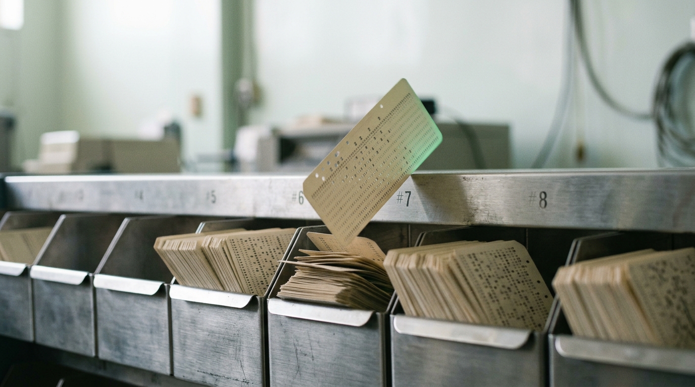 A card-sorter rack with punch cards mid-sort into numbered bins, tracking a census cohort.