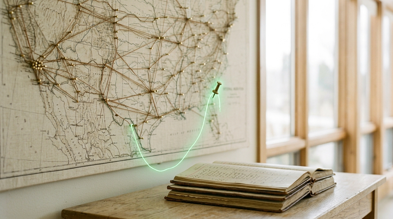 A large wall map with pinned migration routes and a stack of ship manifest ledgers on a table below it.