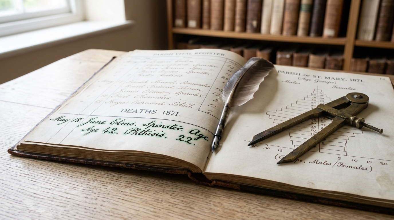 An open nineteenth-century parish register with a brass caliper measuring a population pyramid chart beside it.