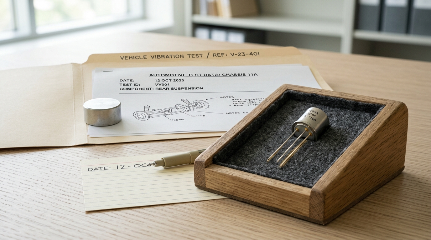 A small metal-can MEMS accelerometer cradled on a specimen stand beside an open case-history folder of automotive test notes, its accession card only just started