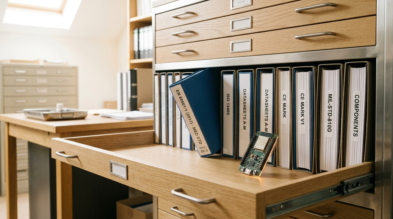 A small microcontroller development board being set onto a flat-file drawer shelf beside a row of datasheet binders, one binder tabbed for a tiny-machine-learning benchmark standard pulled half clear