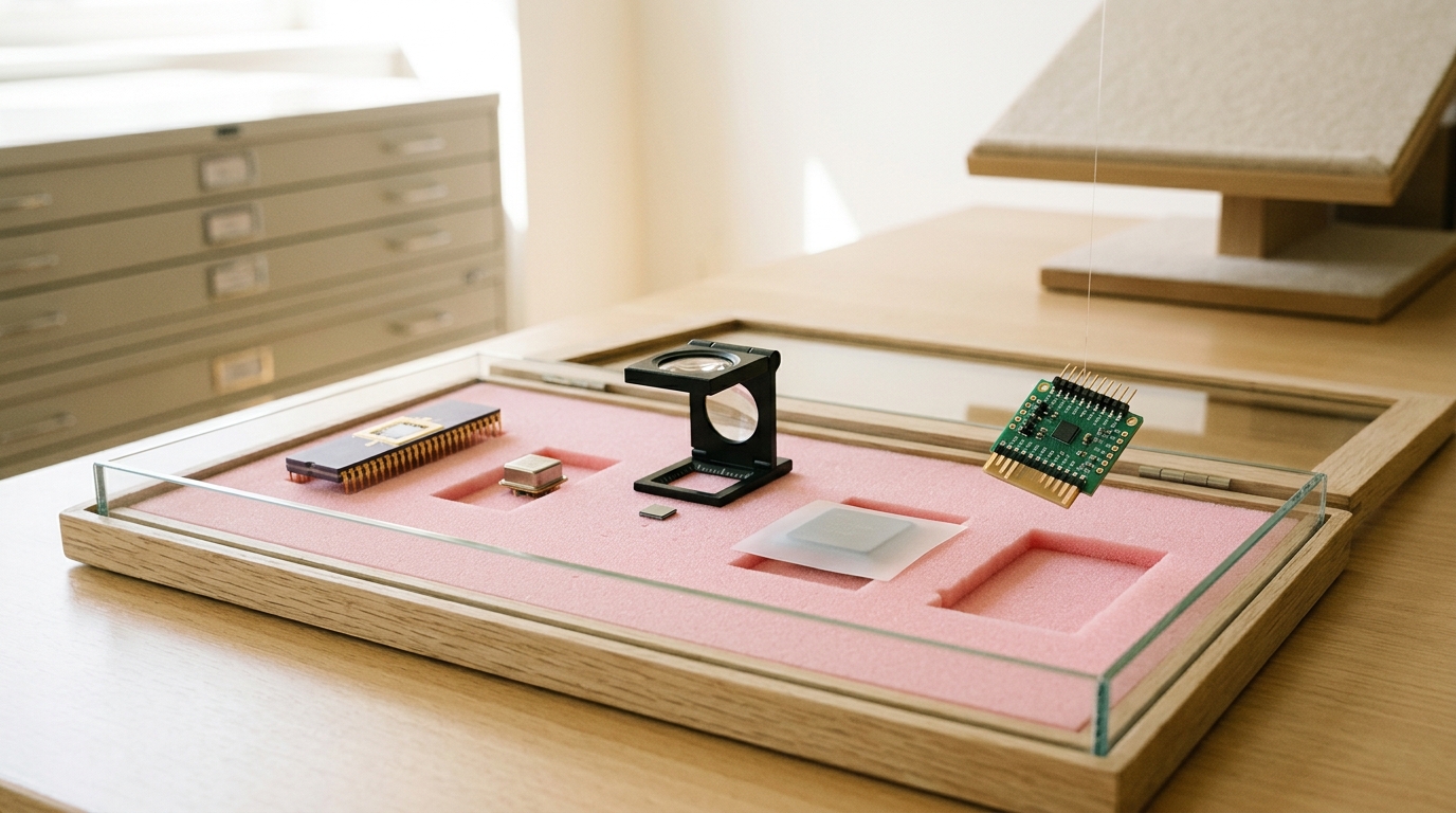 A specimen tray on a pale-oak archive table with four chronologically seated edge-electronics specimens and a small modern sensor board held just above its empty fifth cutout, not yet lowered in