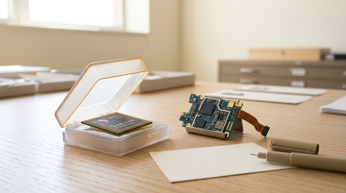 A modern smartphone system-on-chip package on a frosted gel-pak carrier beside a slim torn-down phone circuit-board fragment, its accession card blank