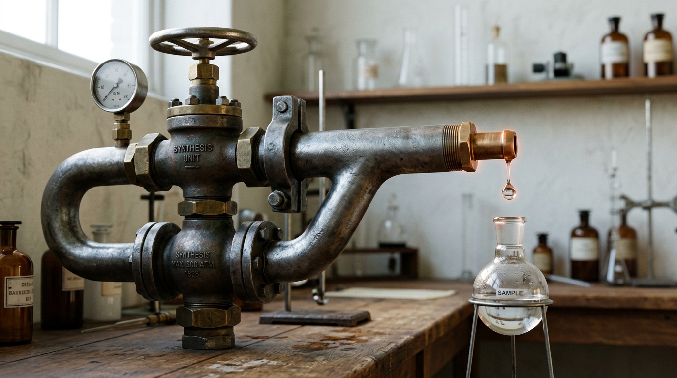 A period high-pressure ammonia synthesis fitting with a small glass catch-vessel on a laboratory bench, a single droplet caught falling into it