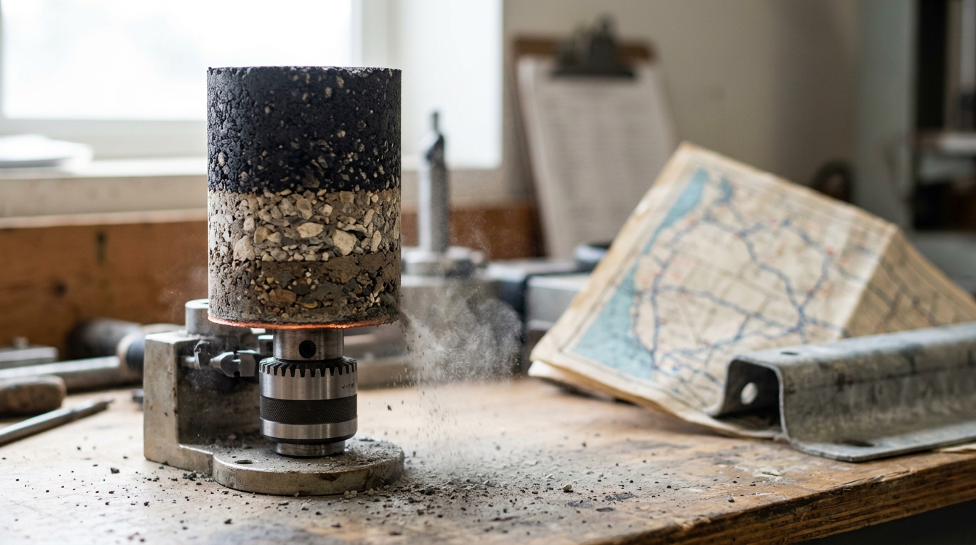 A cylindrical core-drilled pavement sample standing upright on a highway maintenance workbench beside a folded 1956-era route map and a guardrail end terminal