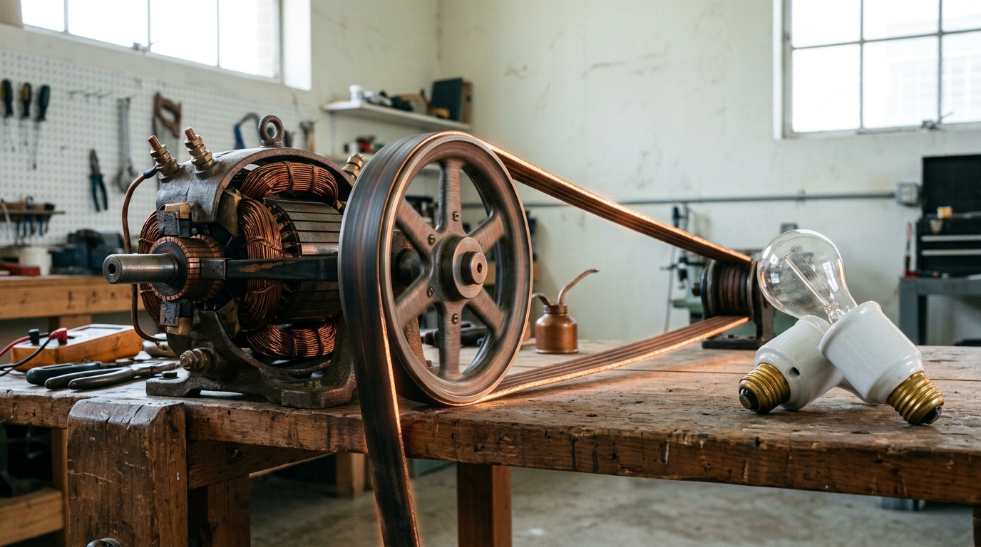 A period direct-current dynamo with exposed field coils and a leather drive belt beside a modern porcelain socket lamp fixture on a conservation bench