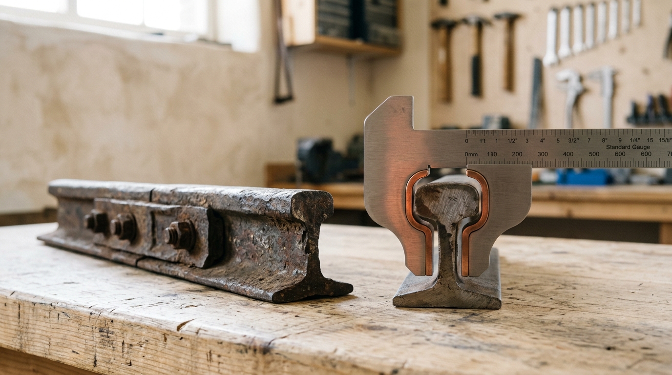 A track gauge caliper laid across a short length of period iron rail next to a modern standard-gauge rail section on a workbench, both stamped with the same spacing