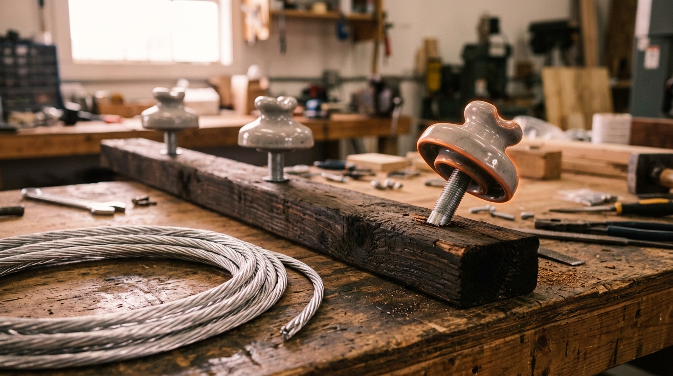 A wood transmission cross-arm with porcelain pin insulators laid on a workbench beside a coil of aluminum conductor strand, one insulator still being seated into its pin