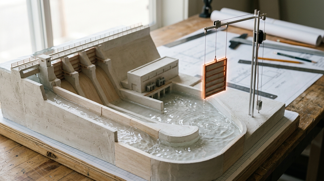 A scale drafting model of a hydroelectric dam spillway with one gate section lifted clear on a lightweight rig above the model's flume