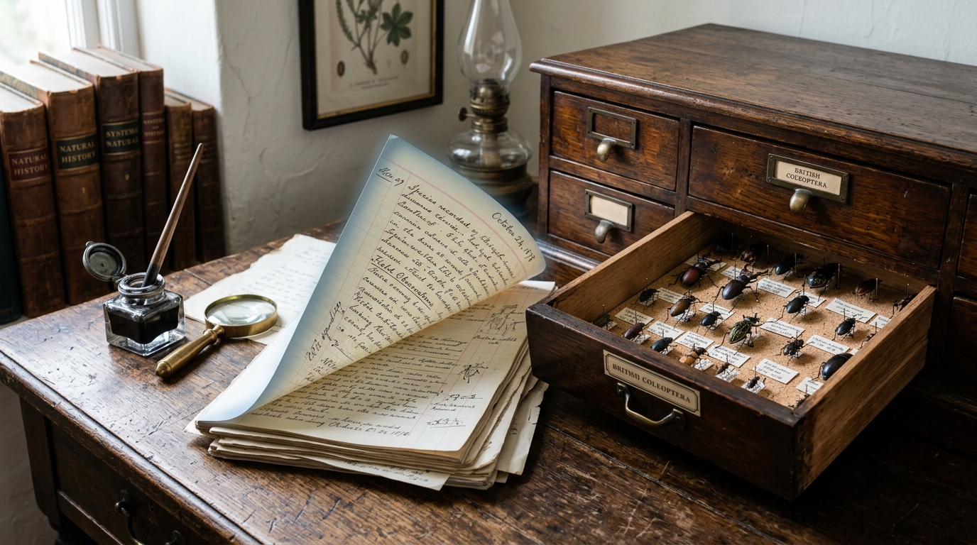A wooden specimen cabinet drawer of pinned beetles slid half open beside a stack of handwritten ledgers and correspondence pages, one page still lifted mid-turn