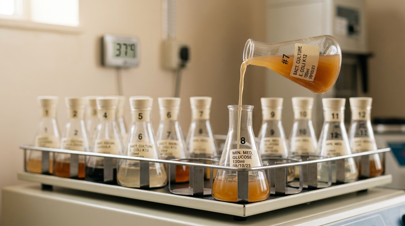 A narrow-necked glass flask of turbid culture tilted mid-pour into a fresh flask of clear minimal-glucose medium on an orbital-shaker platform in an incubator room