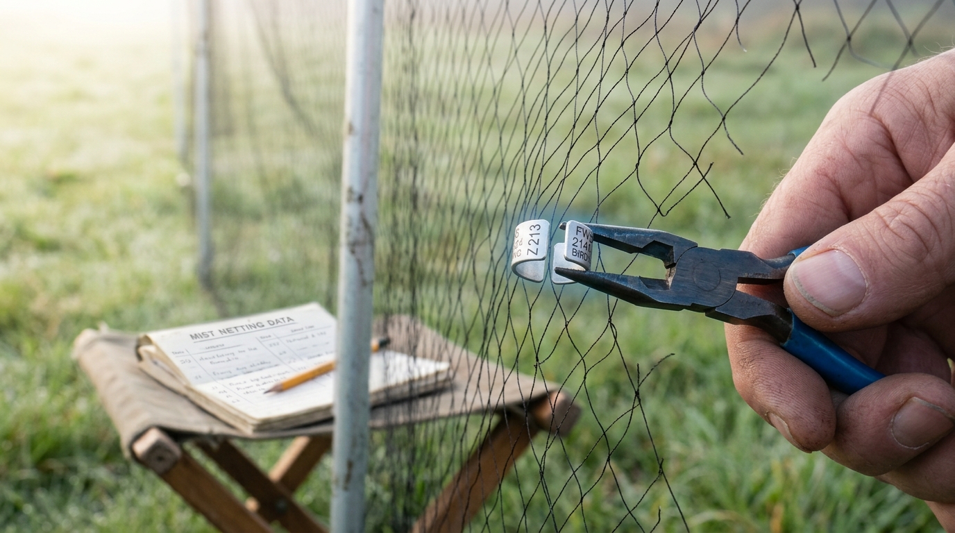A numbered aluminium leg band closing under a pair of banding pliers beside a canvas mist net strung between aluminium field poles at dusk light