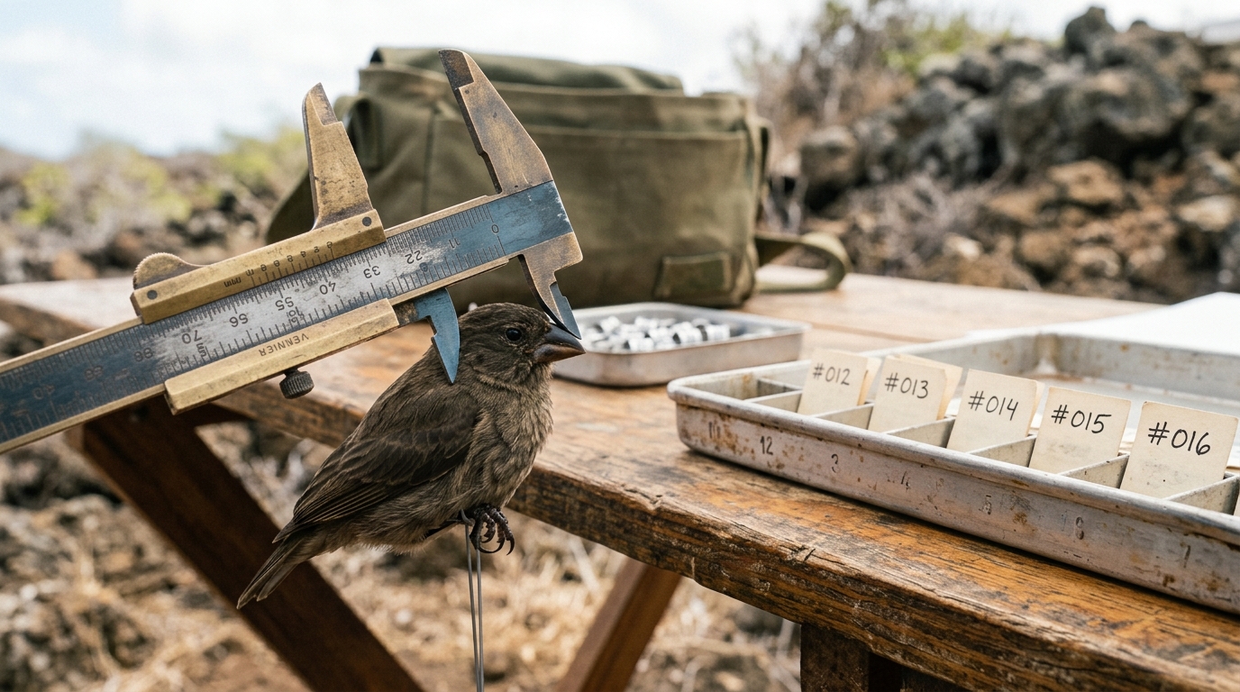 A brass-and-steel caliper closing on the beak of a Galápagos ground finch held gently over a numbered specimen tray on a weathered field table, the jaws not yet fully seated