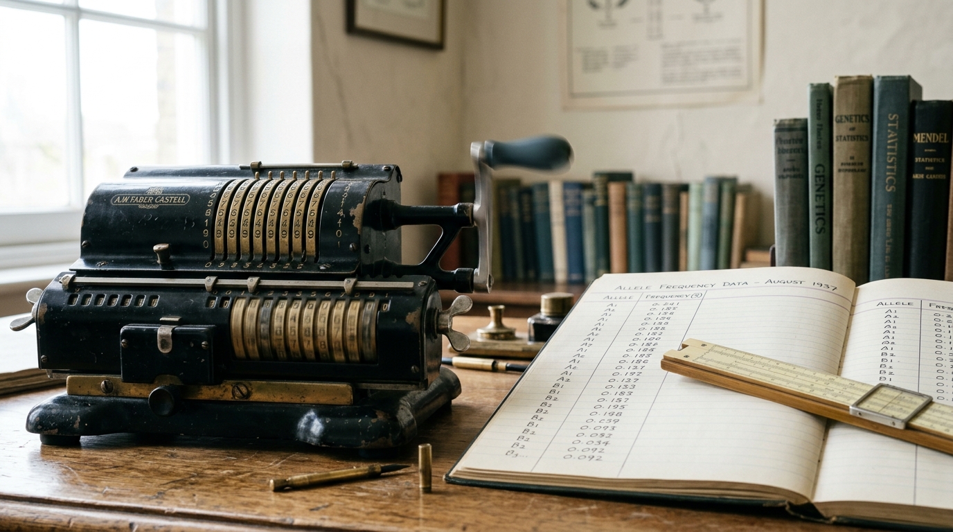 A 1930s mechanical calculating machine on a desk beside a ruled ledger of allele-frequency columns, its hand crank caught mid-turn with the result wheels still rotating