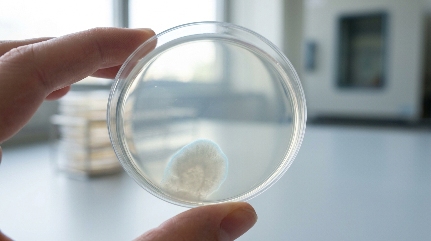 A citrate-minimal agar plate held up to the light, one patch of colony growth just turning turbid at its leading edge while the rest of the plate stays clear