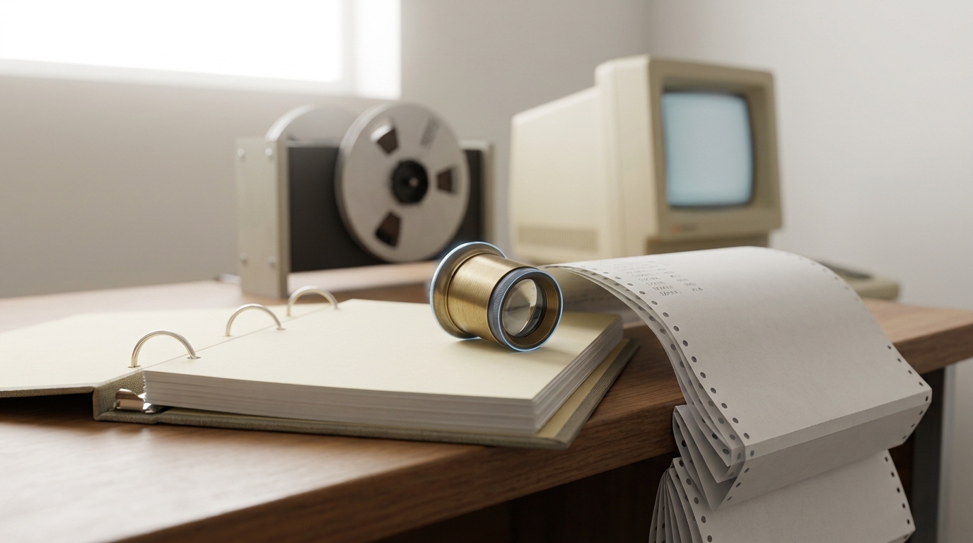 A ring-bound gold-standard treebank binder open beside a fan-fold system printout, a loupe stopped mid-slide over a bracketed line where the two disagree, a reel-to-reel tape drive behind