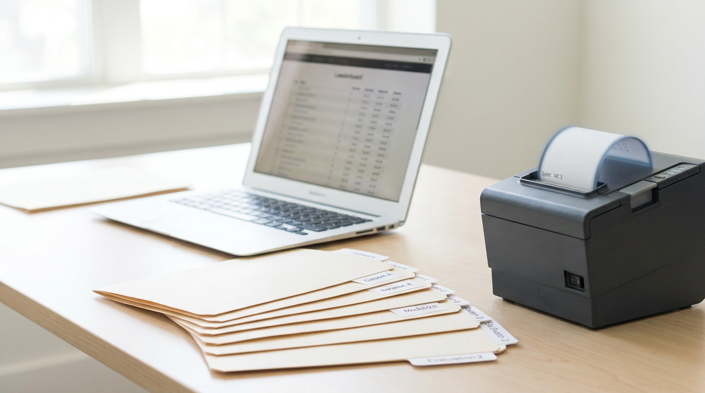 An early flat-panel laptop on a desk beside nine slim fanned task folders and a small thermal printer with a submission receipt caught mid-print curling from its slot