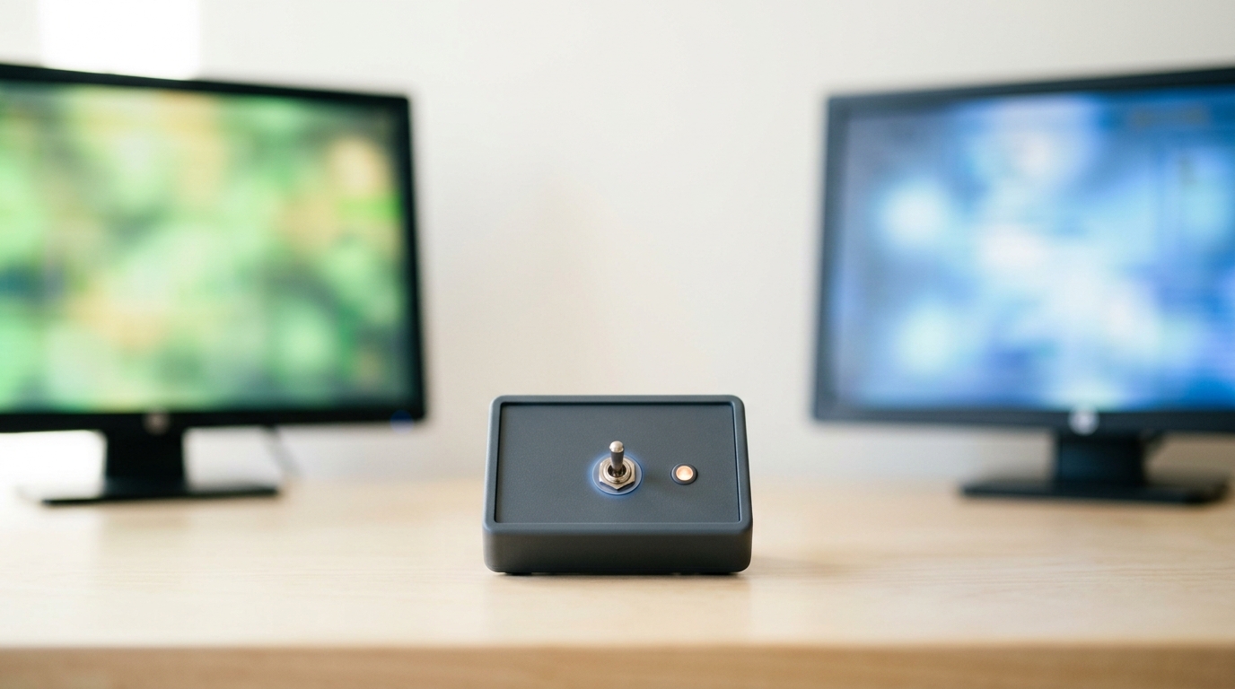 A small console between two identical blurred screens showing blind side-by-side outputs, one toggle switch on the console caught half-thrown with its indicator lamp just beginning to light