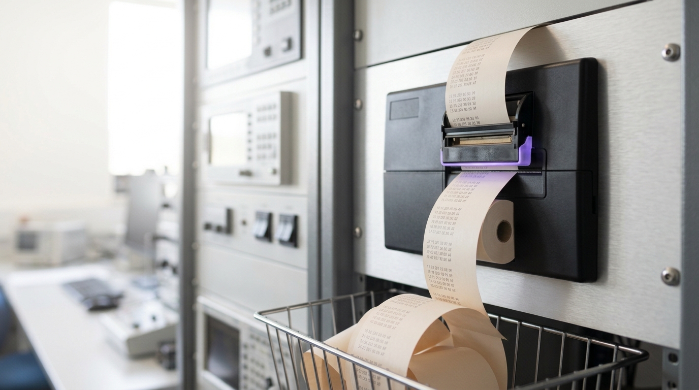 A 1990s shared-task evaluation desk with a tractor-fed dot-matrix printer caught mid-line printing a ranked retrieval list, judged relevance sheets stacked beside it and a reel of magnetic tape on a rack behind