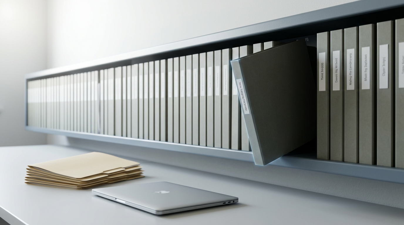 The same desk with its small fan of nine task folders now dwarfed by a long shelf of hanging file binders behind it, one new binder caught mid-slide into its place on the shelf