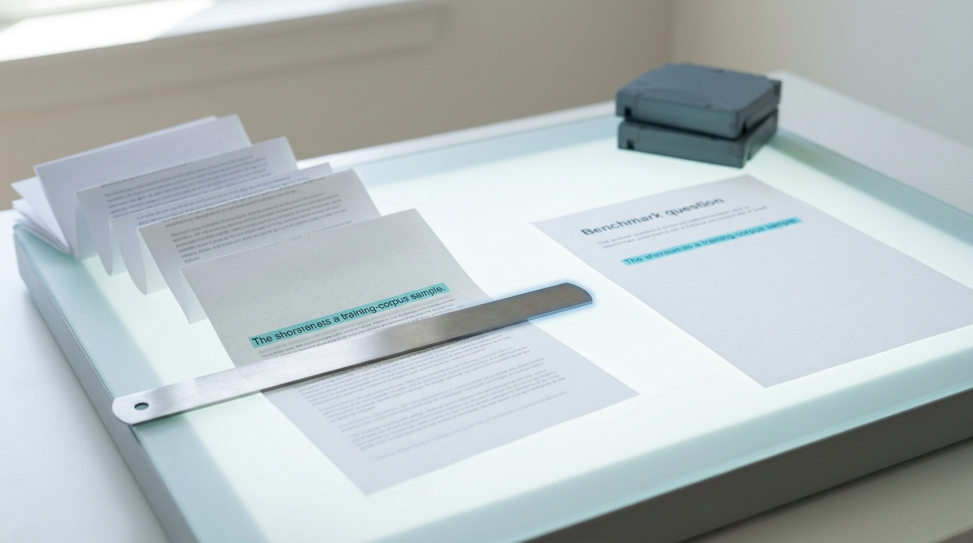 A frosted light table holding a benchmark question sheet and a fan-folded training-corpus printout side by side, a straightedge caught mid-slide beneath a highlighted string common to both