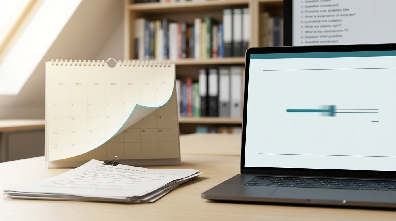 A contemporary forecasting-tournament desk with a plain probability-entry screen and a paper resolution calendar mid-update
