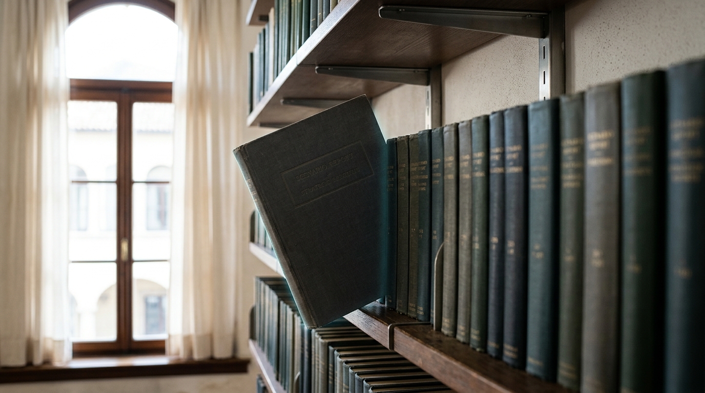 A shelf of bound scenario reports at a strategic-studies institute with one volume pulled halfway out