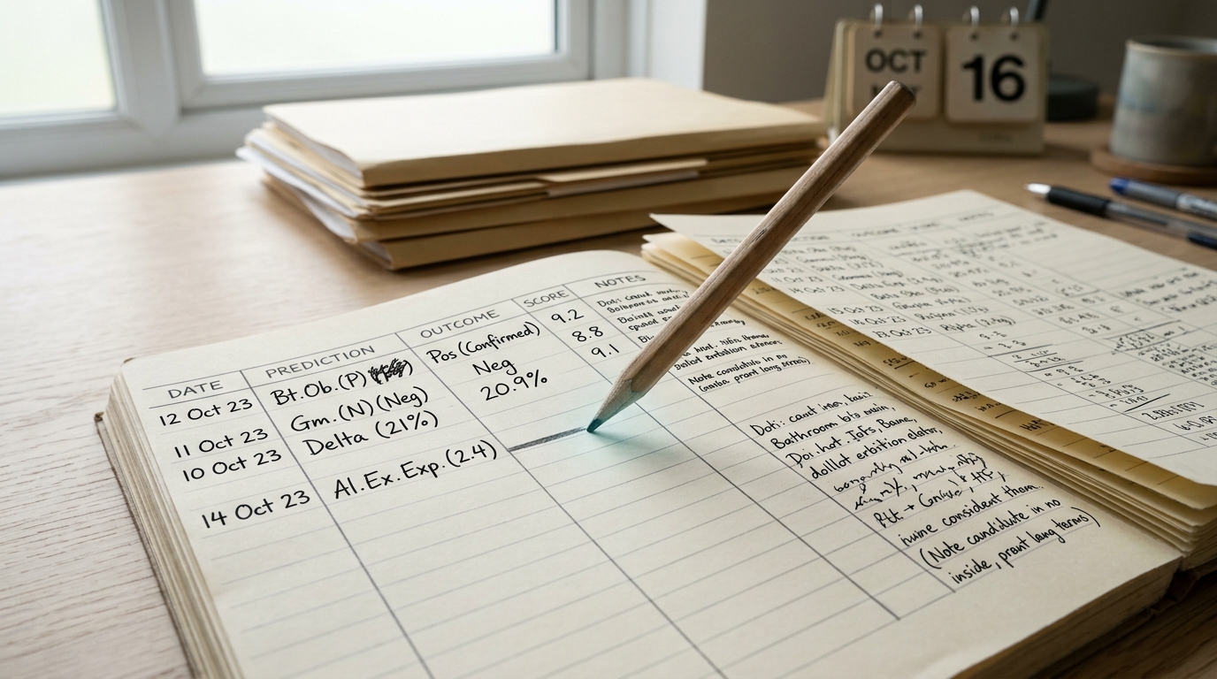 A paper forecast-scoring ledger open to a page of prediction dates and outcomes, one entry mid-tally