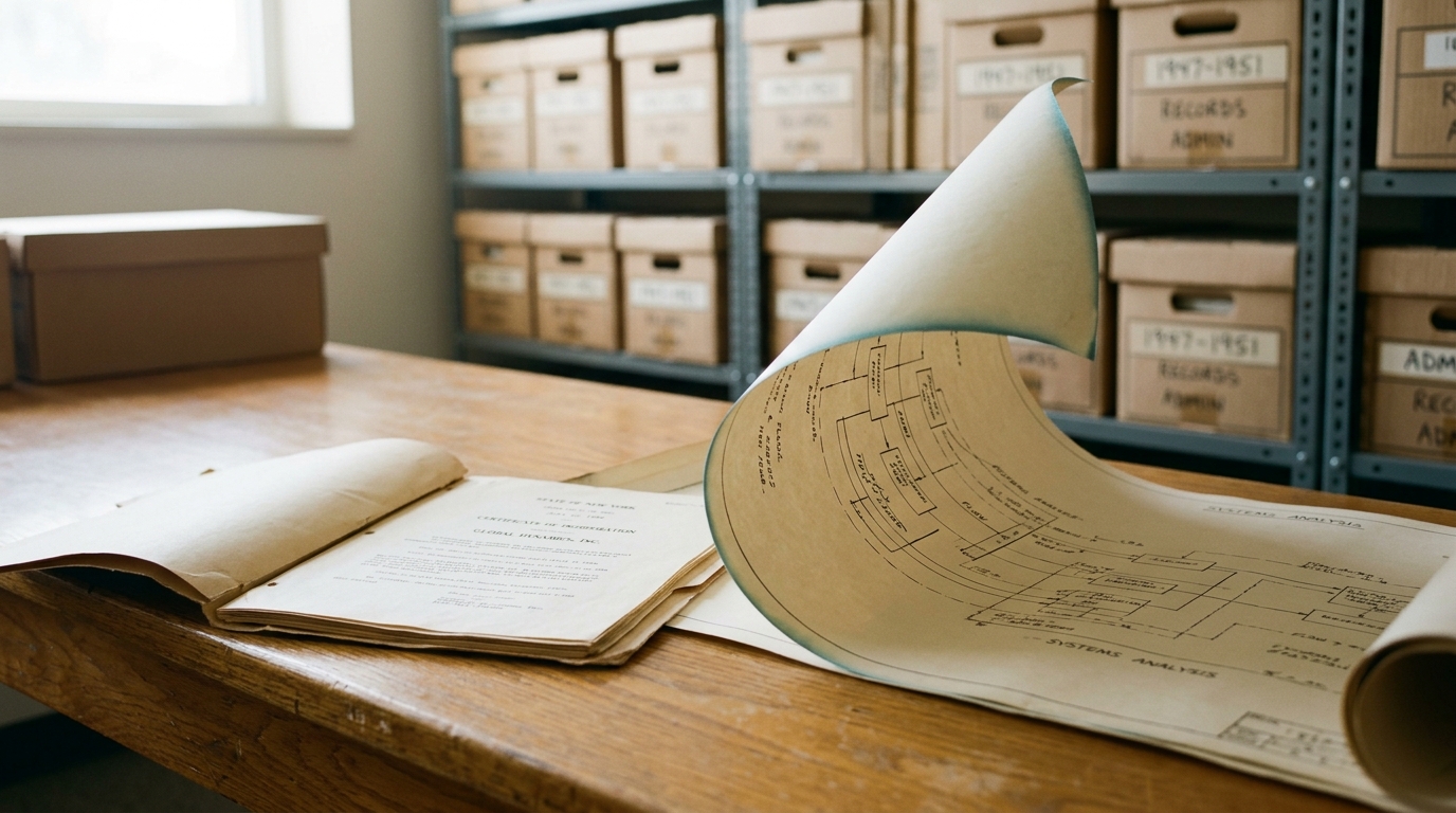 An archive table holding a 1948 RAND Corporation incorporation folder beside early systems-analysis charts