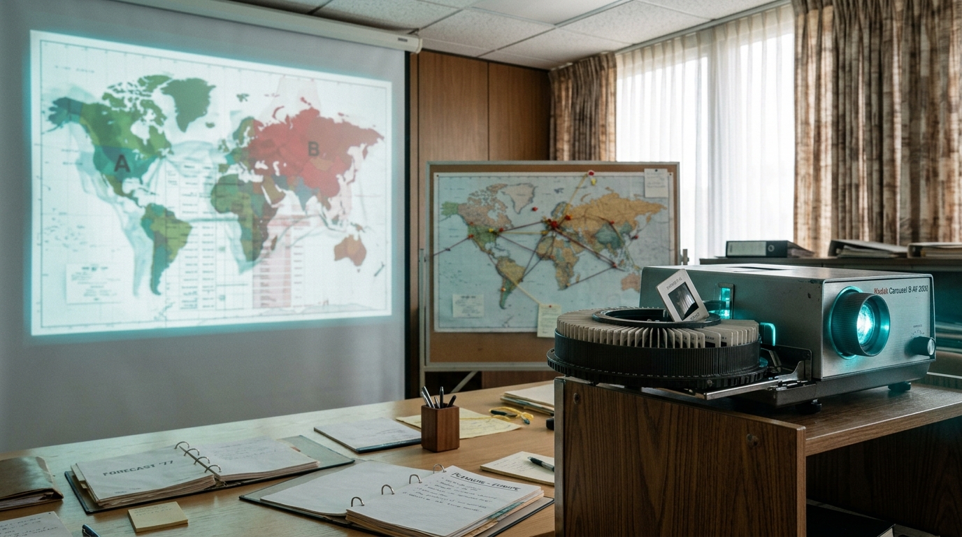 A 1970s Shell-style scenario planning room with a slide projector tray and wall map mid-changeover between two projected futures