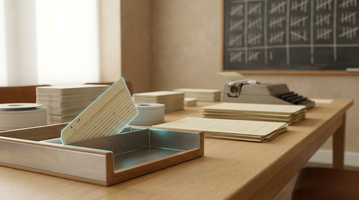 A RAND-era study room mid-collation of a Delphi questionnaire round, punch cards and teleprinter rolls on a long pale table