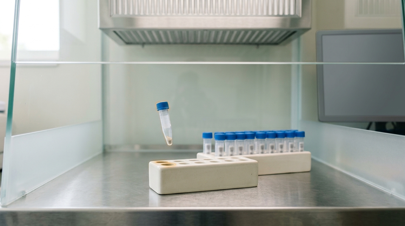 An ancient-DNA clean-room bench with a laminar-flow hood, a small sample tube being lowered into a rack under filtered light.