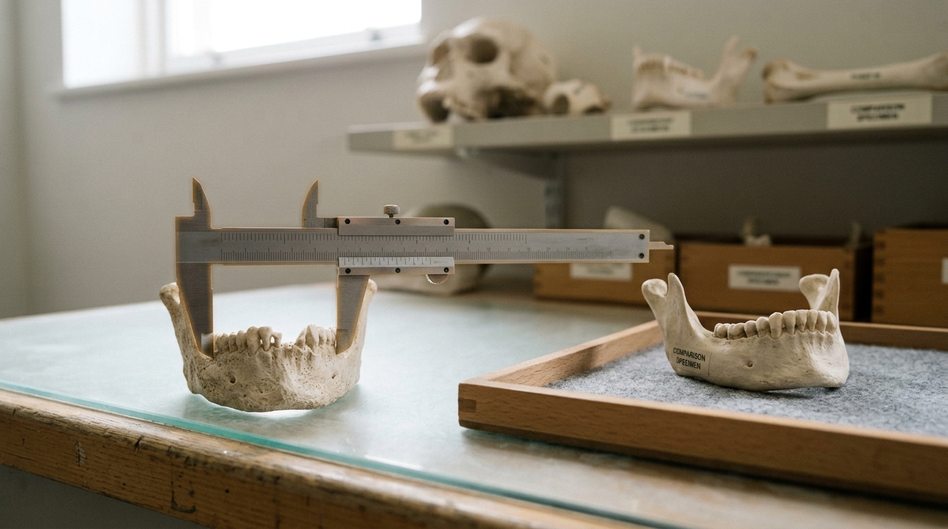 A comparative-osteology bench with sliding calipers mid-measurement across two hominin cast fragments laid side by side.