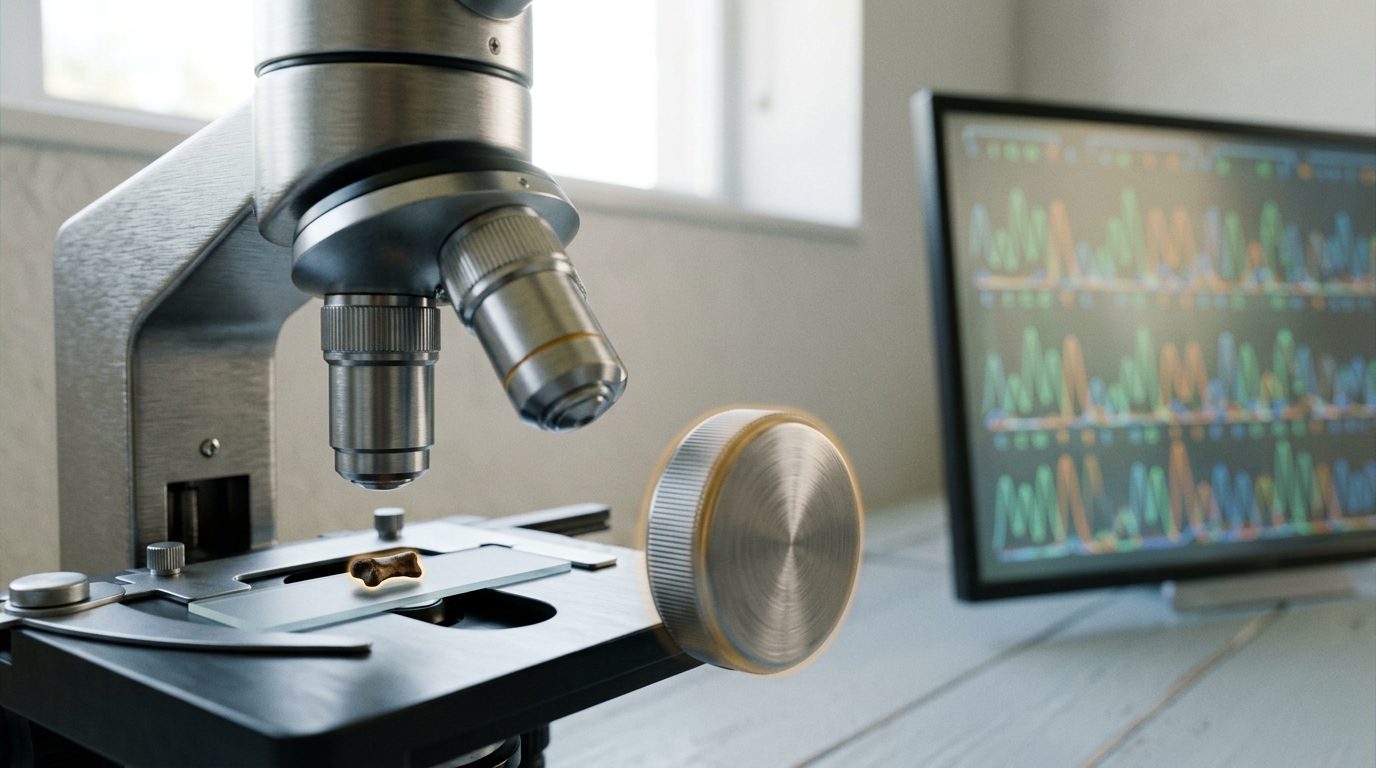 A tiny fossil finger-bone fragment under a bench microscope, a sequencing readout glowing faintly on a screen at the edge of frame.