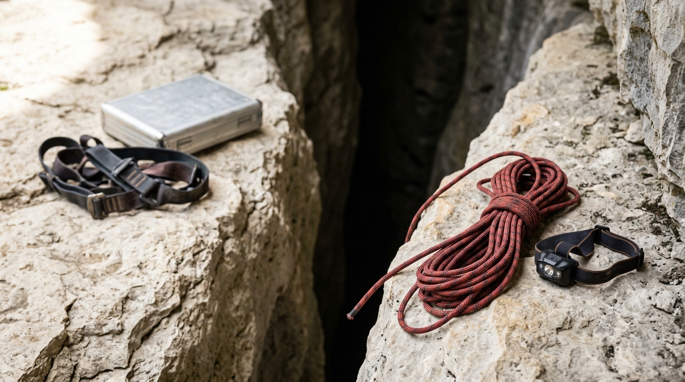 The narrow rigged entrance to a fossil-bearing cave chute, a headlamp and rope harness laid beside it, a caving helmet just out of reach.