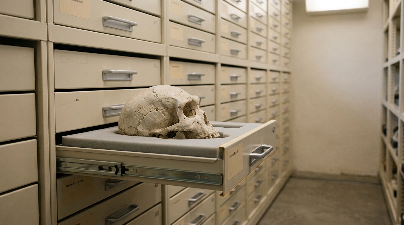 A museum cast-storage vault with rolling shelving of numbered hominin skull casts, one drawer pulled open mid-motion with a cast half slid out.