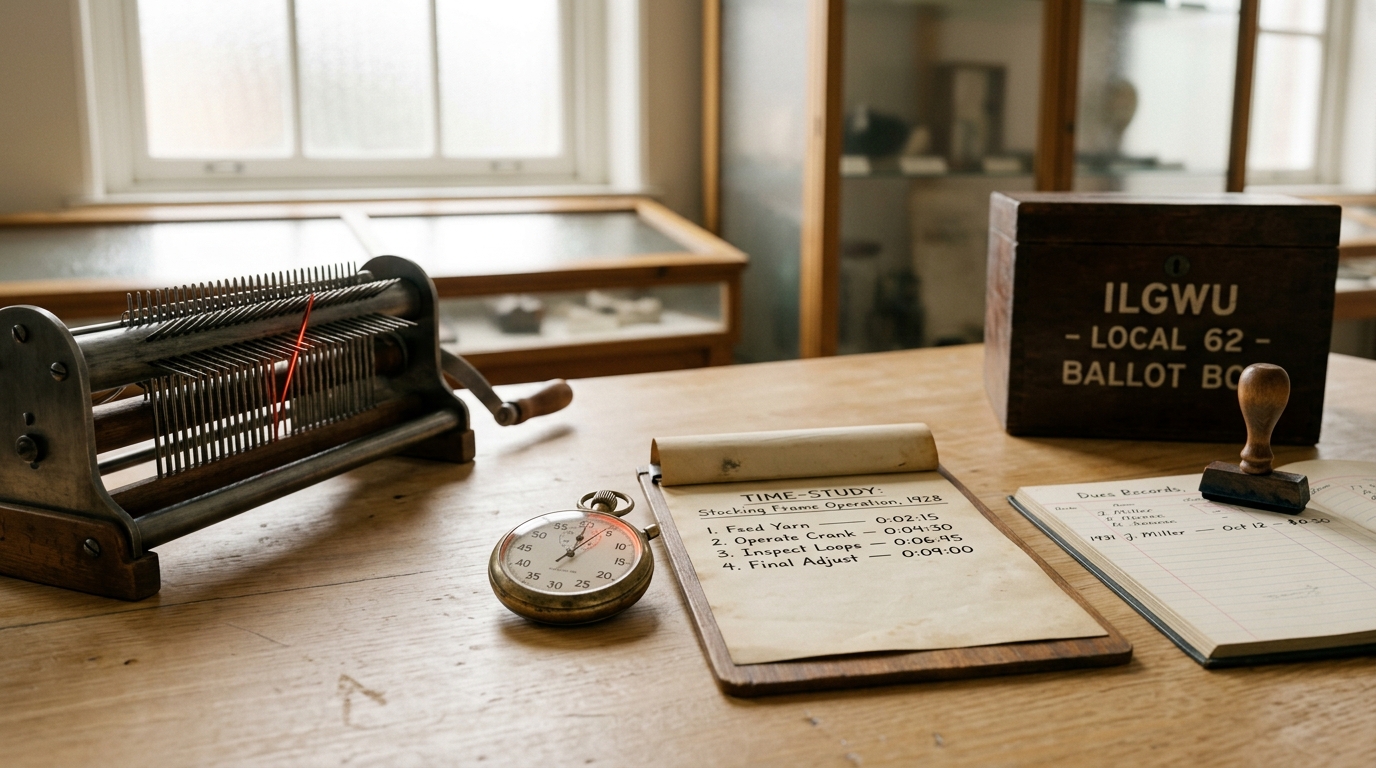 A wide research table holding a stocking frame needle-bar, a stopwatch and time-study clipboard, and a union dues stamp under soft window light