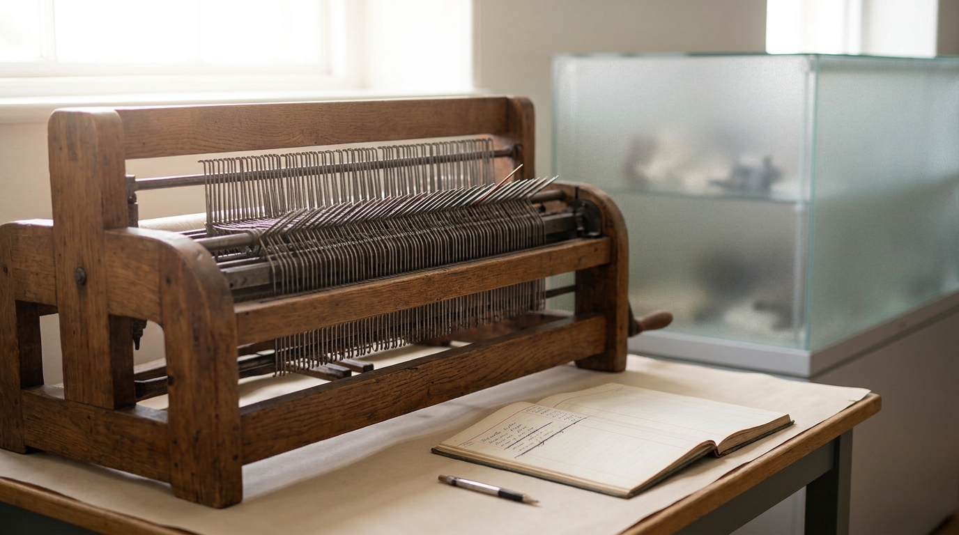 A wide weaving frame beside an open wage ledger with a struck-through piece-rate column
