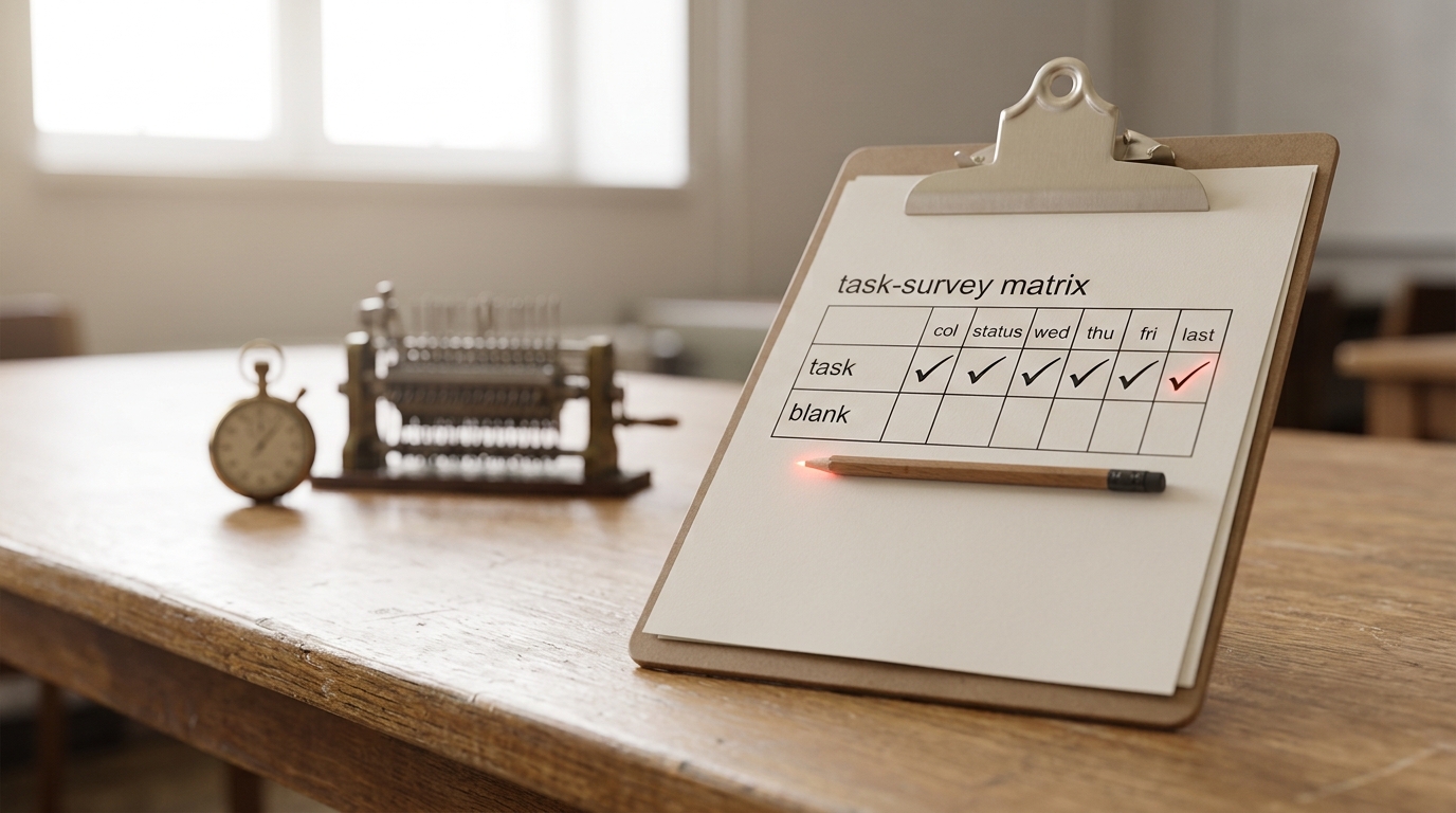 A modern occupational task-survey clipboard resting beside historical labor instruments on the same research table