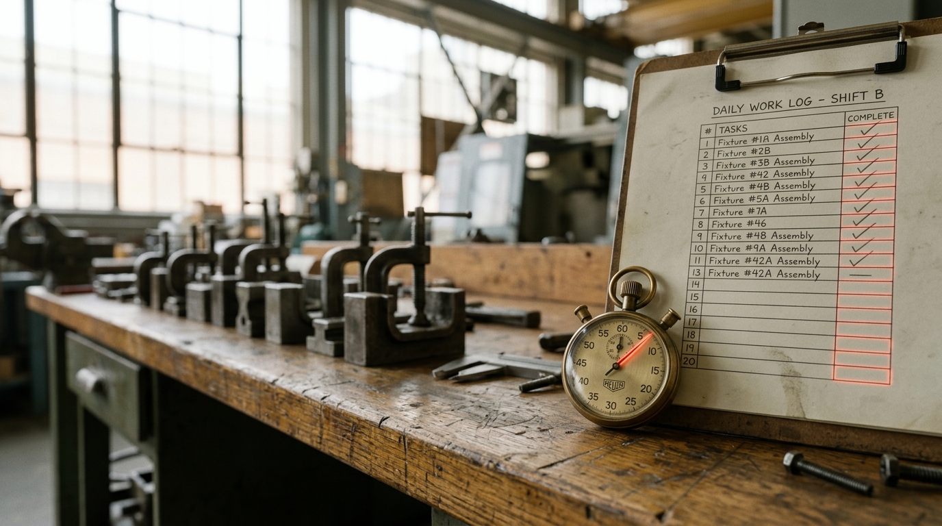 A stopwatch and clipboard breaking one task into timed sub-motions on a factory-floor table