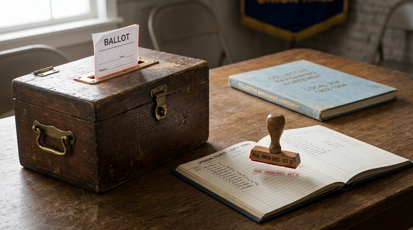 A union hall ballot box and dues stamp beside a bound collective-bargaining agreement