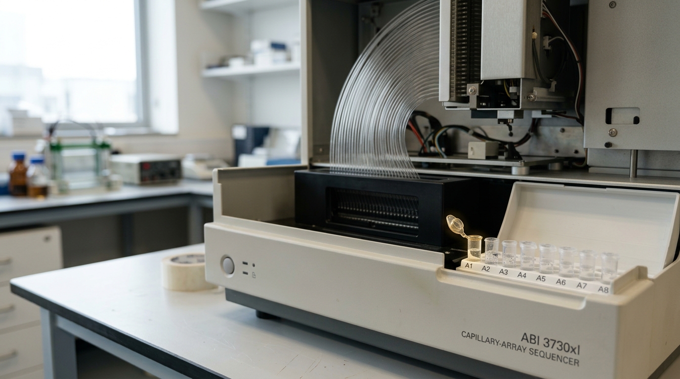 An automated capillary-array sequencer with its sample tray partway into the loading bay, one row of small tubes still uncapped