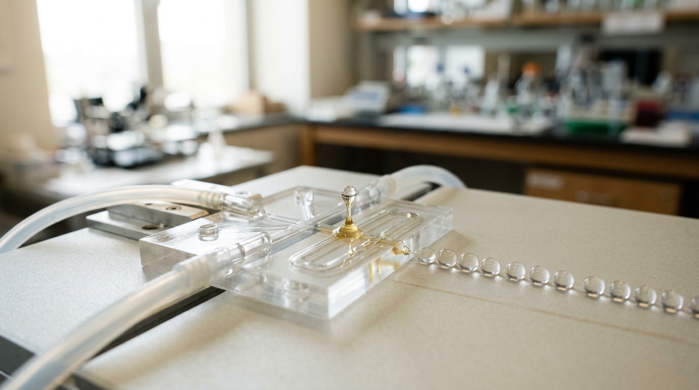 A droplet-microfluidics chip on a small optical stage, one droplet still pinching off at the junction while a line of finished droplets recedes down the outlet channel