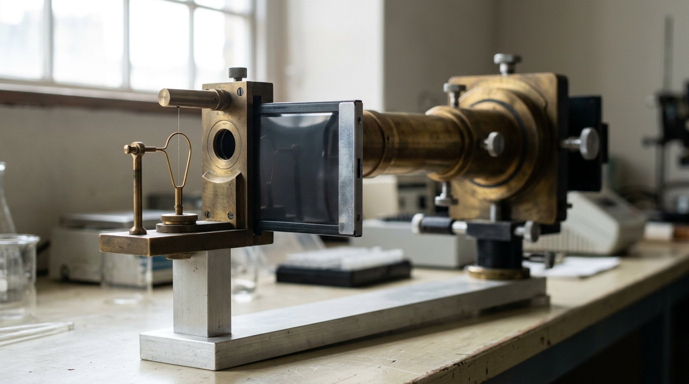 An X-ray diffraction camera with its film cassette half-withdrawn from the beam path, a fine DNA fibre still mounted in the sample loop, on a worktable under a tall window